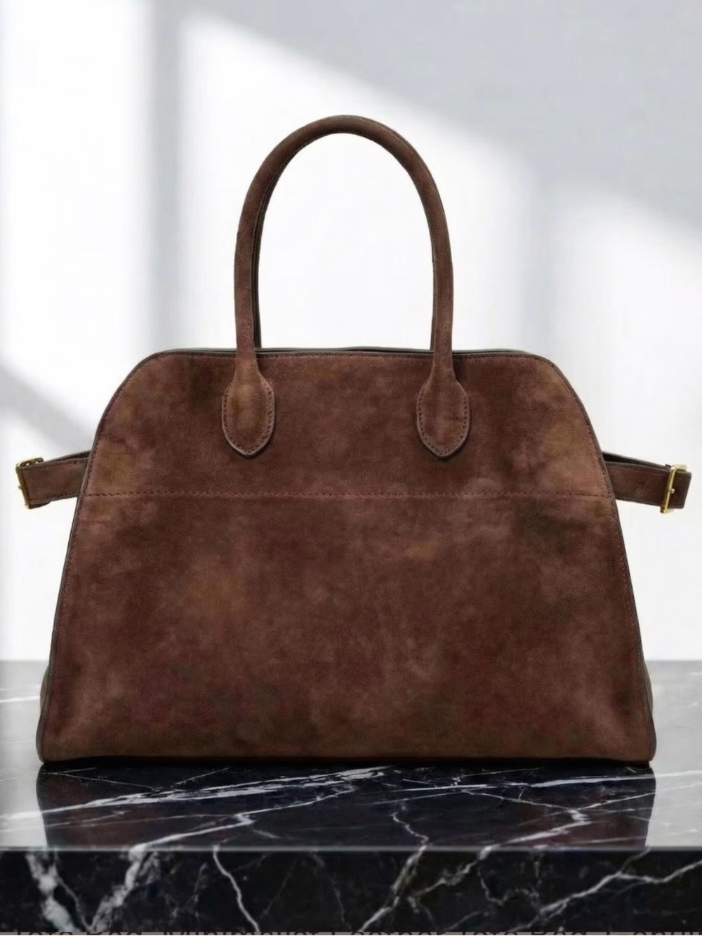 Suede Brown tote minimalist leather bag and gold